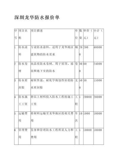 深圳龙华防水报价单