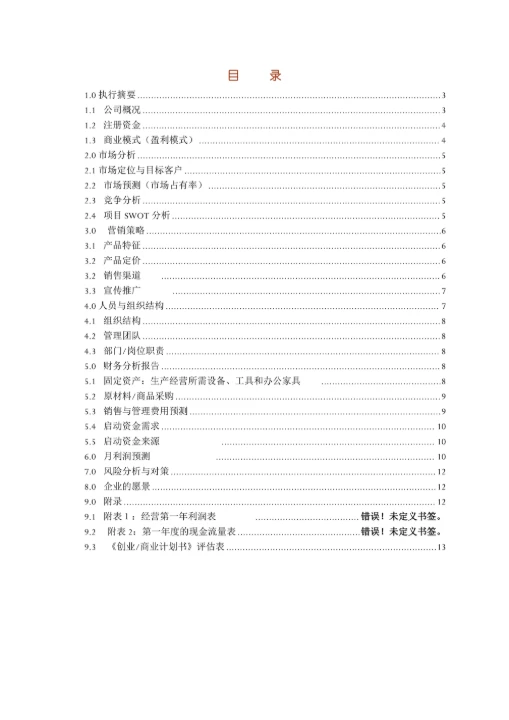 大学生商业创业计划书框架模板