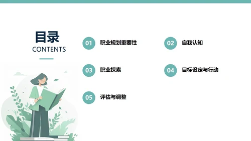 绿色插画风大学生职业规划与行动指南PPT模板