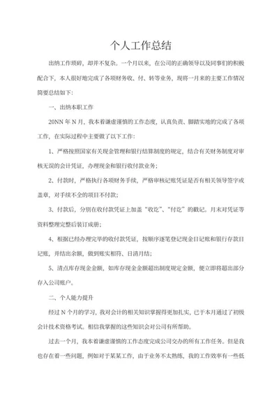 出纳个人工作总结word模板