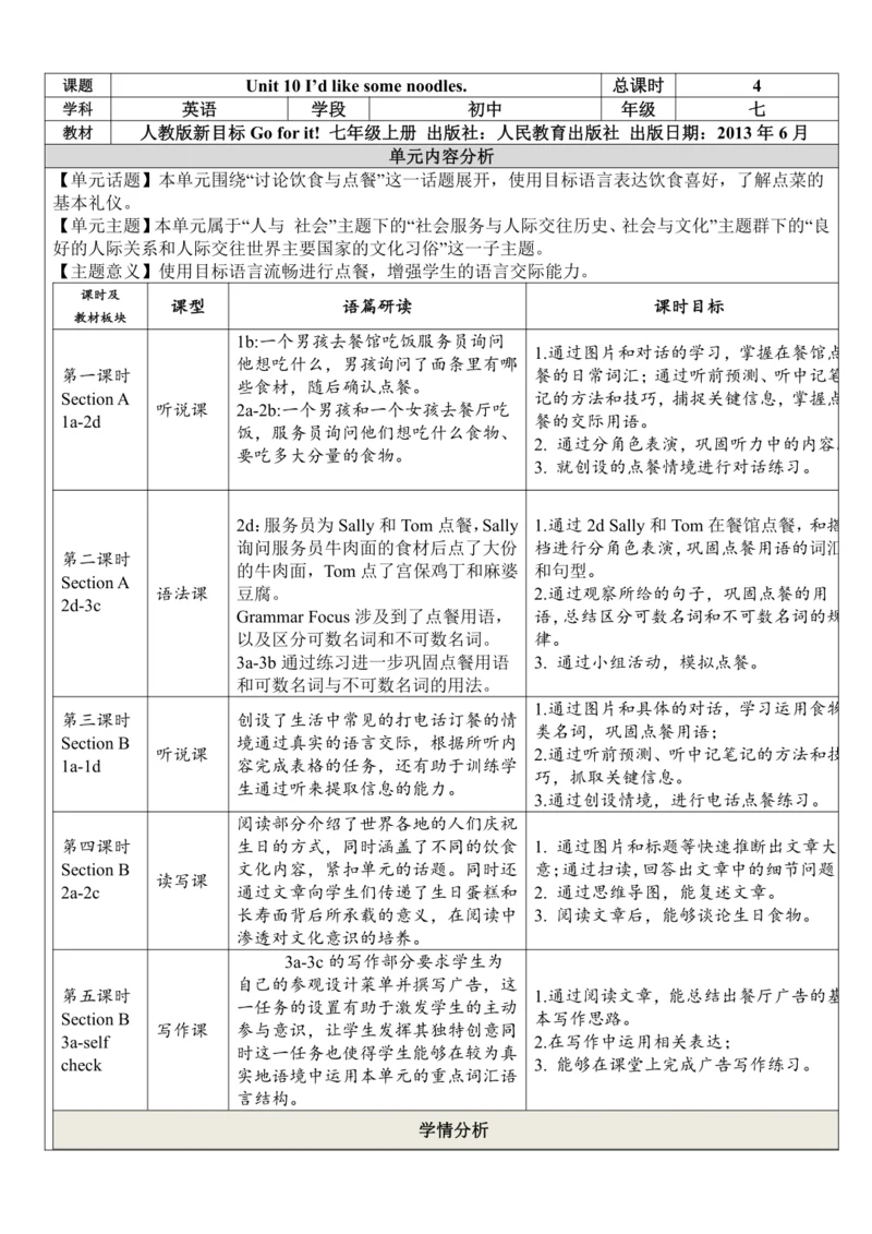 Unit 10 I'd like some noodles.单元整体教学分析