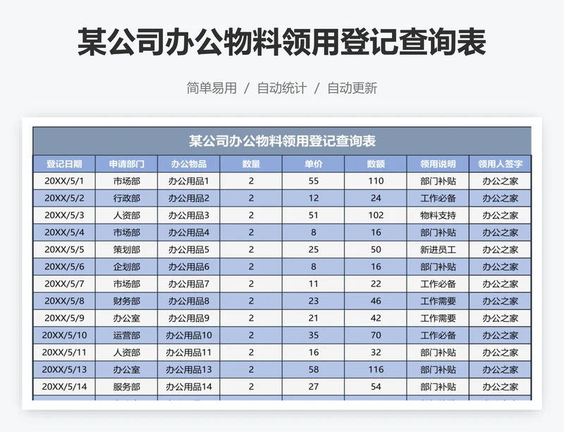 某公司办公物料领用登记查询表