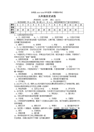 徐闻县2015~2016学年度第一学期九年级历史试卷