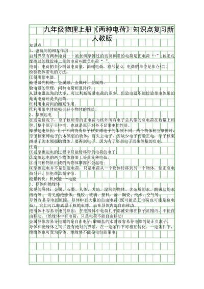 九年级物理上册两种电荷知识点复习新人教版.docx