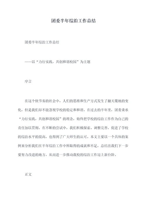 团委半年综治工作总结