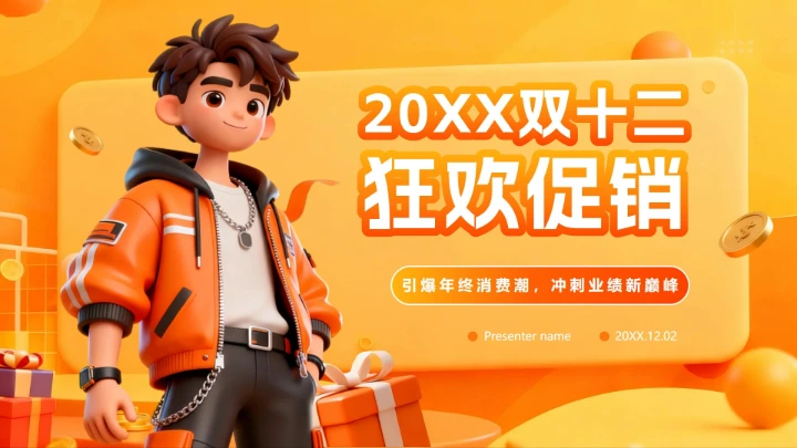 橙黄色渐变活力3D风双十二电商促销活动PPT模板