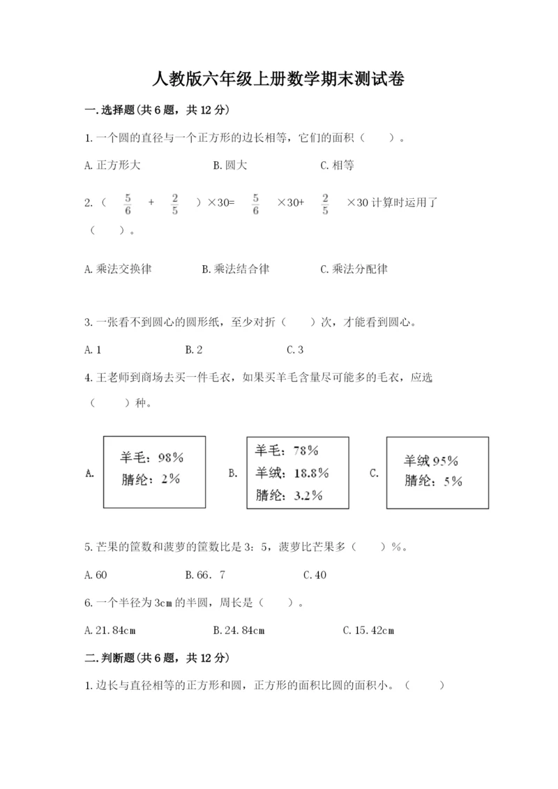 人教版六年级上册数学期末测试卷附答案ab卷.docx