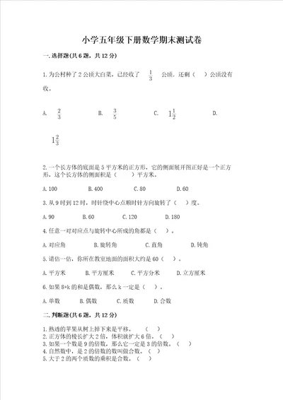 小学五年级下册数学期末测试卷重点