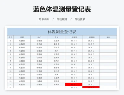 蓝色体温测量登记表
