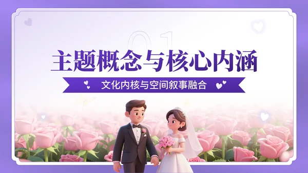 紫色3D卡通风七夕主题婚礼策划方案PPT模板