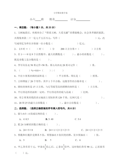 人教版小学六年级数学下册期末试卷--(9).docx