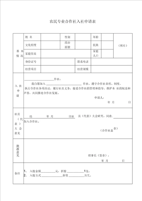 农民专业合作社入社退社申请表