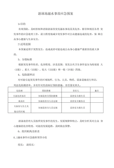 游泳池溺水事故和游泳协会应急预案