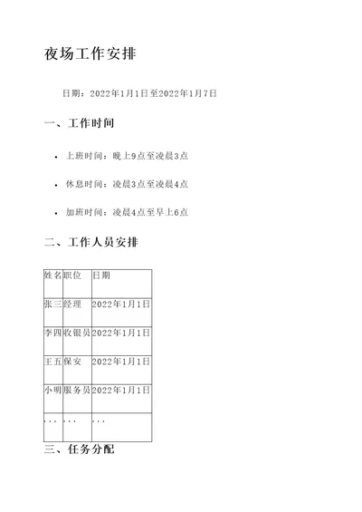 夜场工作安排语言内容