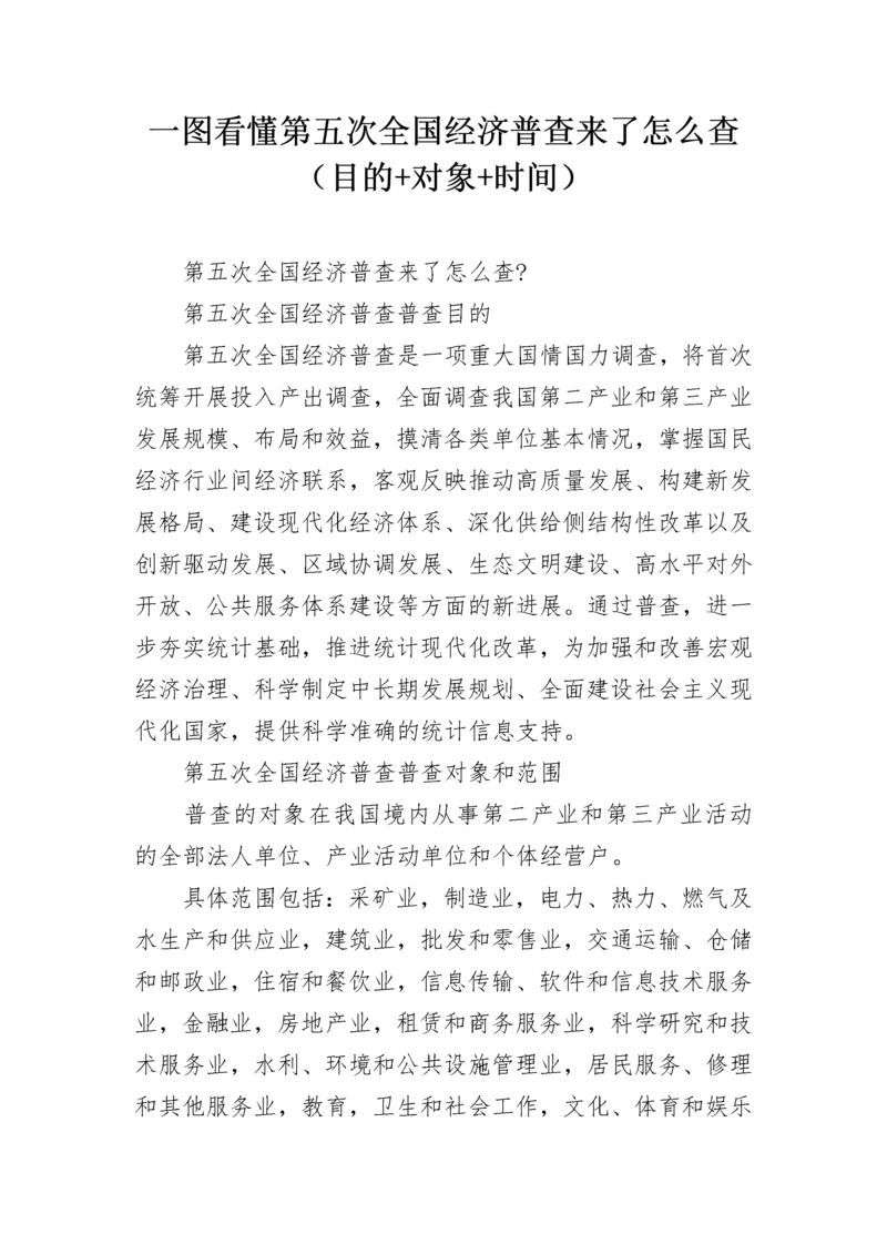 一图看懂第五次全国经济普查来了怎么查(目的+对象+时间).docx