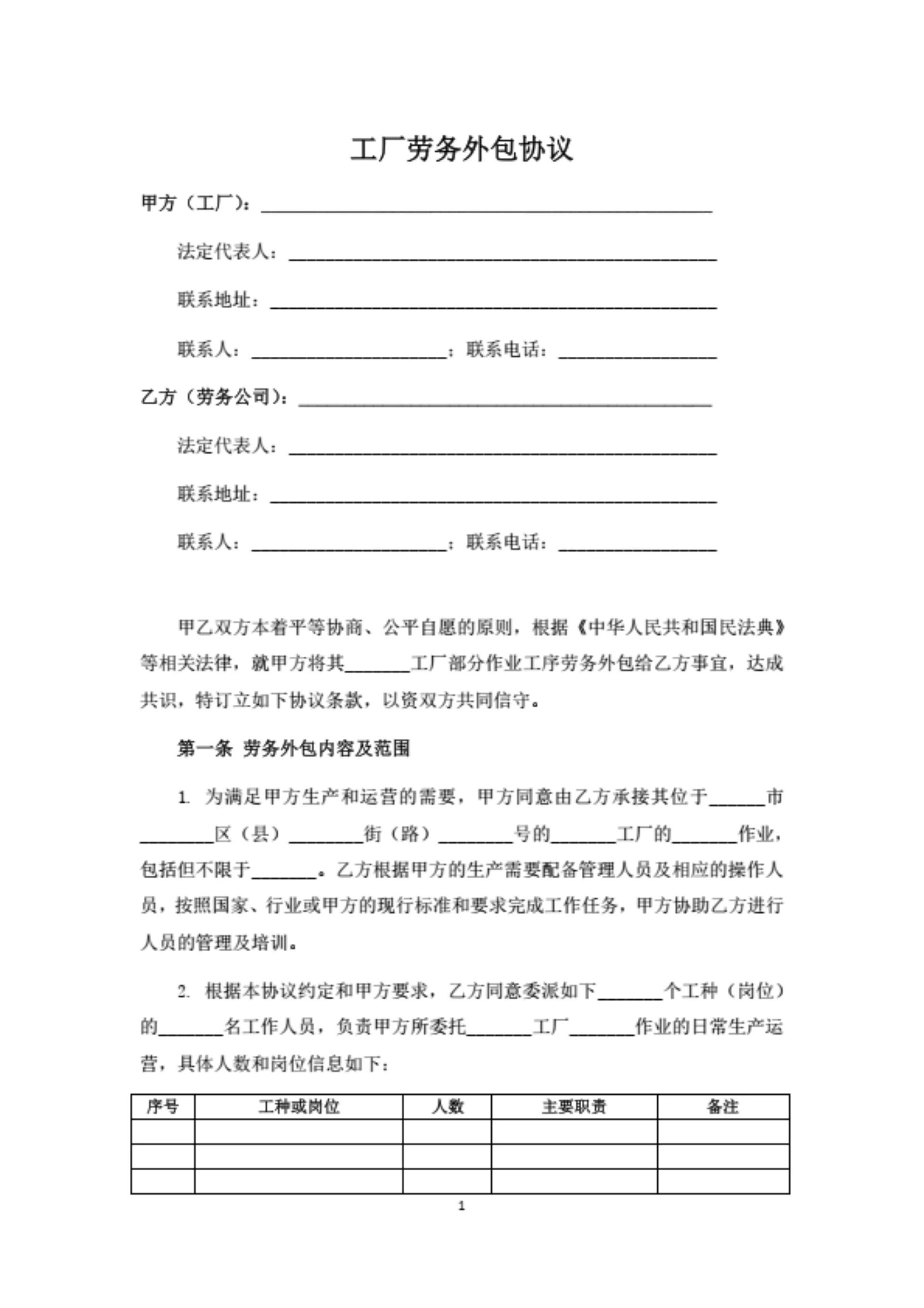 工厂劳务外包协议