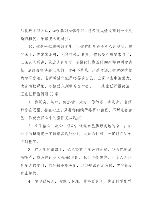 班主任评语简短30字