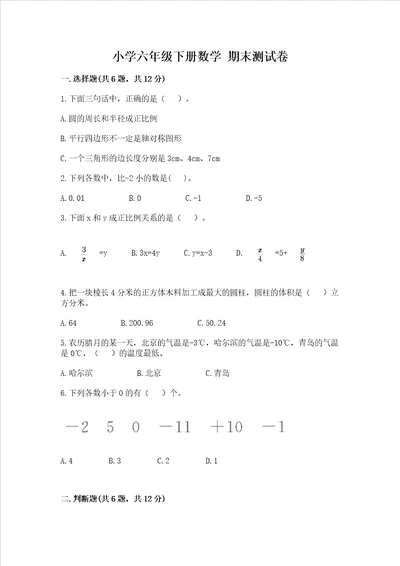 小学六年级下册数学 期末考试试卷附参考答案培优