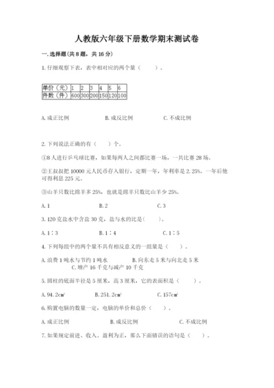 人教版六年级下册数学期末测试卷及答案（网校专用）.docx