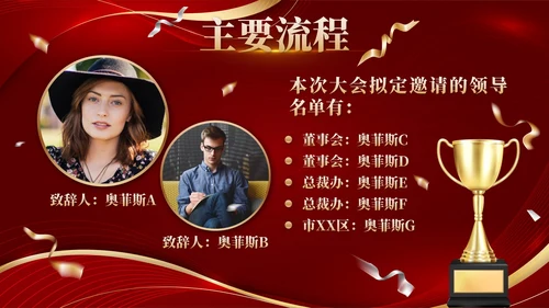 红色奖杯奢华流体新春年会策划带内容PPT模板