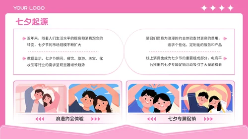 粉色插画风格七夕缘起浪漫之约PPT模板