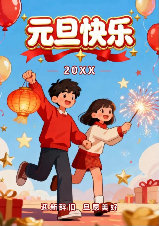 蓝色卡通插画风元旦节节日祝福海报