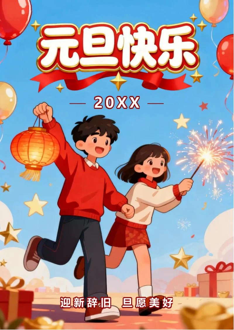 蓝色卡通插画风元旦节节日祝福海报