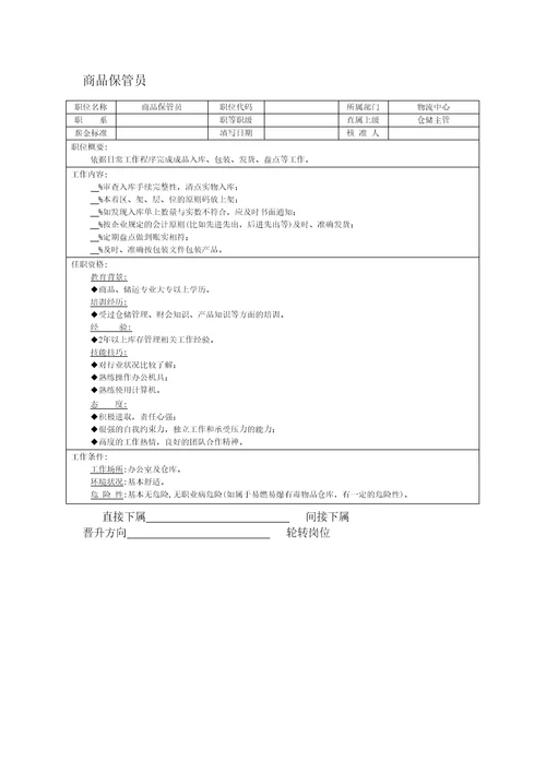 商品保管员岗位说明书