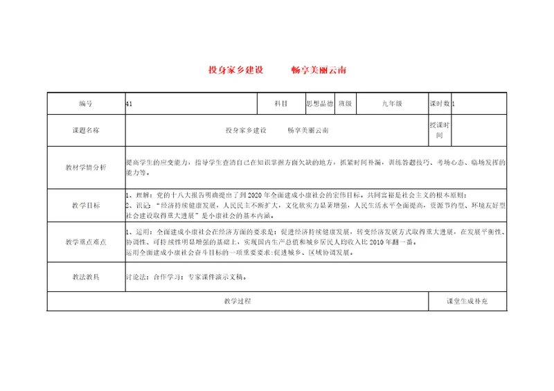 云南省涧彝族自治县2018届中考政治复习课题41投身家乡建设畅享美丽云南教案