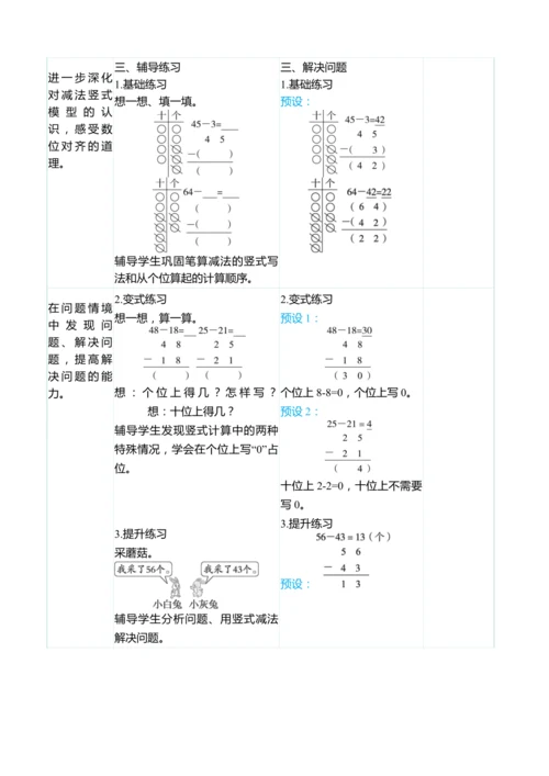 （大单元整体教学）2.3两位数减两位数（不退位）（表格式）教学设计  人教版 二年级上册数学