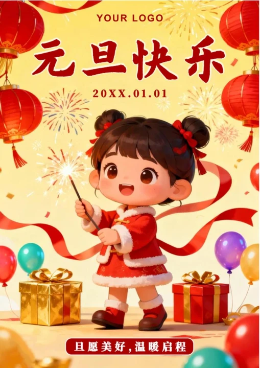 黄色卡通插画喜庆元旦节节日海报