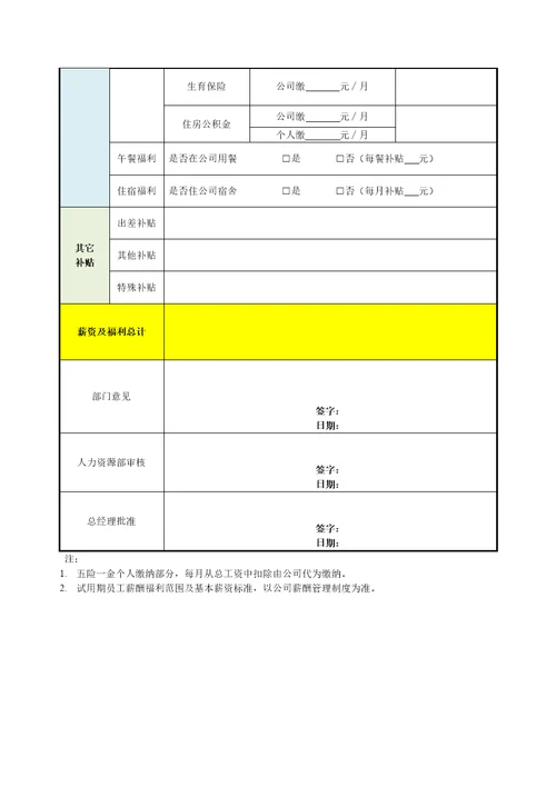 员工薪酬核定及审批表