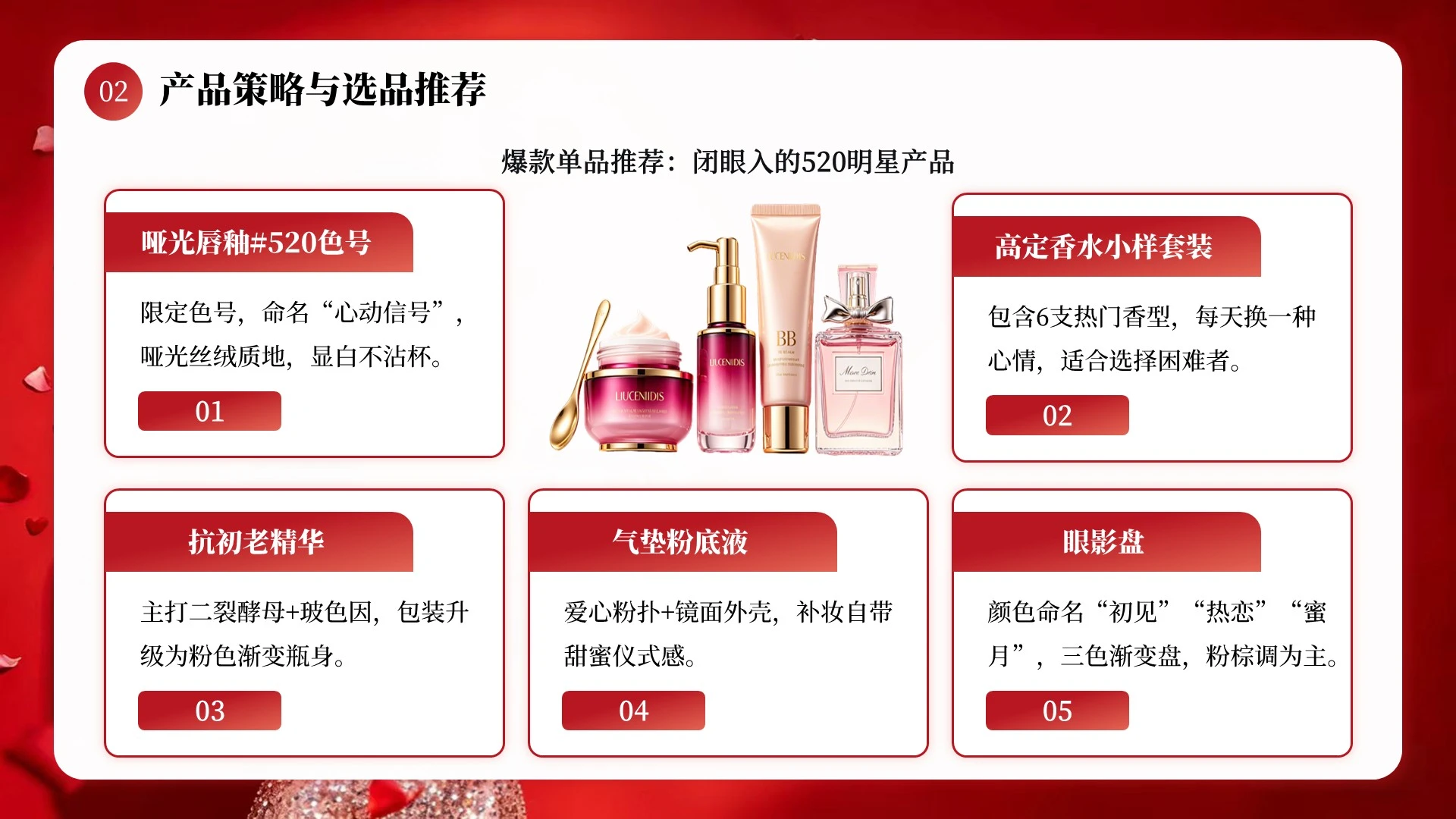 红色商务风520化妆品营销策划PPT单页
