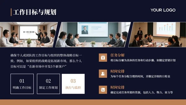 深蓝色商务风年中汇报通用PPT模板