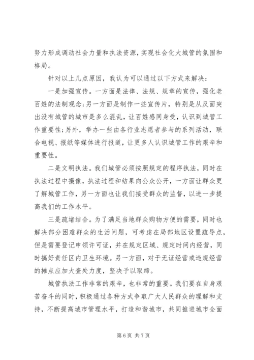 城管执法人员工作心得体会文章.docx