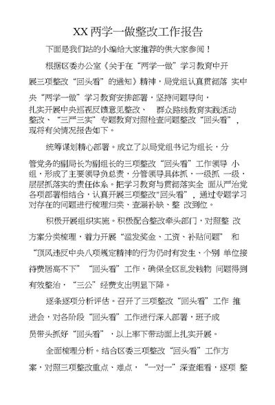 XX两学一做整改工作报告