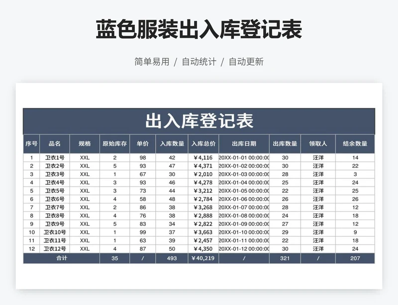 蓝色服装出入库登记表
