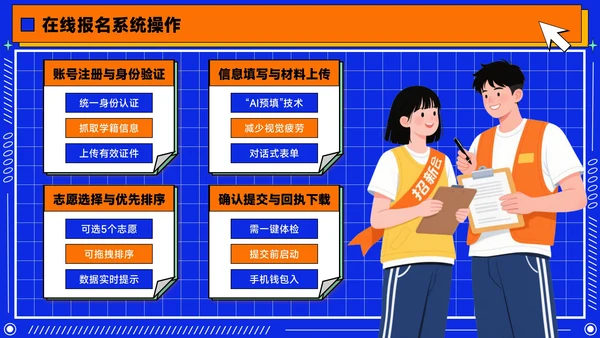橙蓝色潮流插画风学生会招新PPT模版