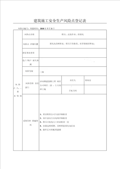 建筑施工安全生产风险点登记表