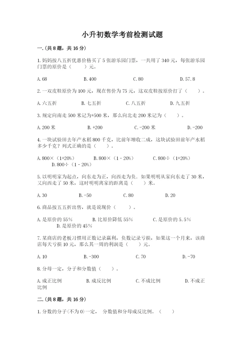 小升初数学考前检测试题(精练).docx