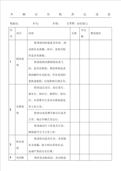 车辆安全检查记录表格模板