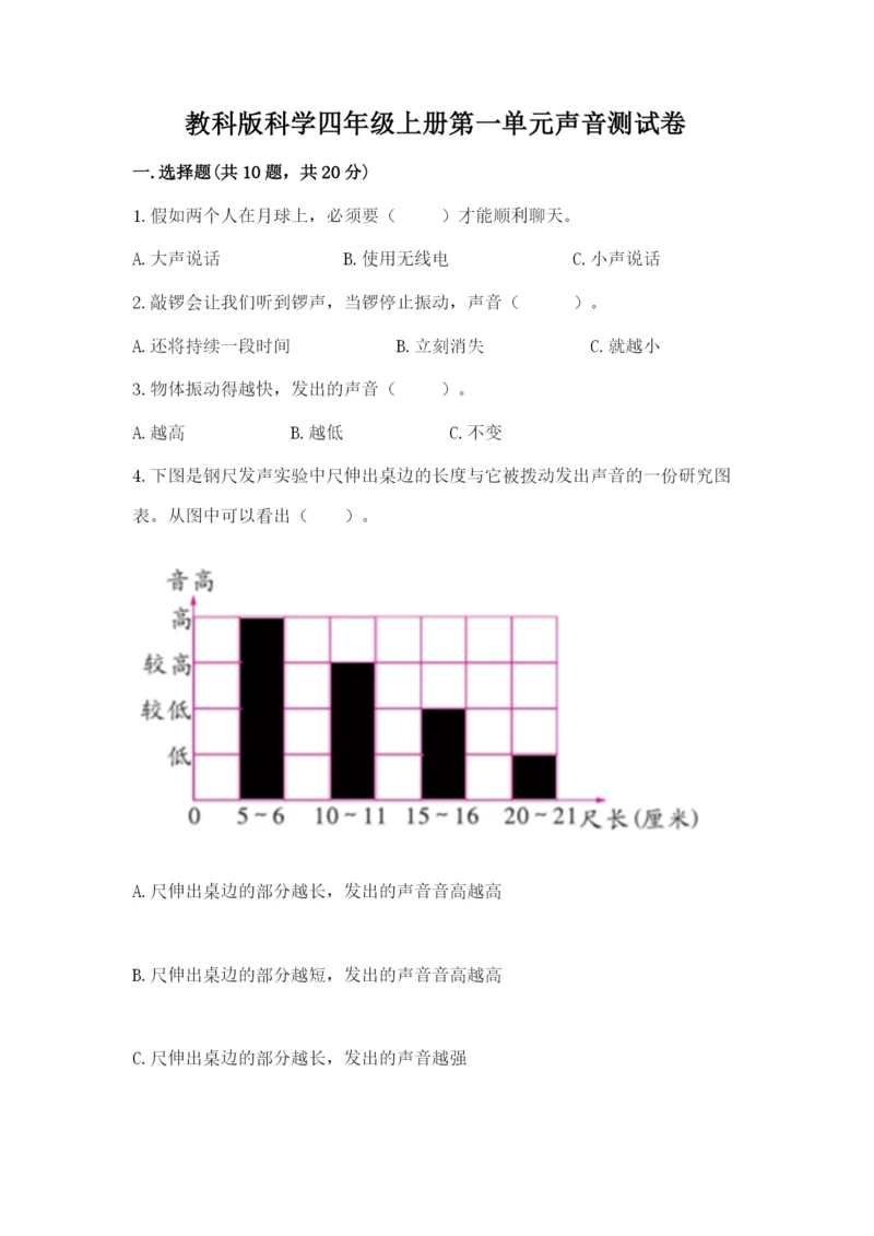 教科版科学四年级上册第一单元声音测试卷含完整答案【典优】.docx