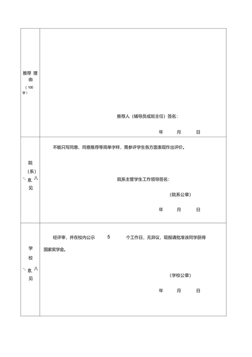 国家奖学金申请审批表