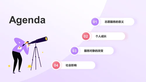 紫色插画风志愿者心得分享PPT模板