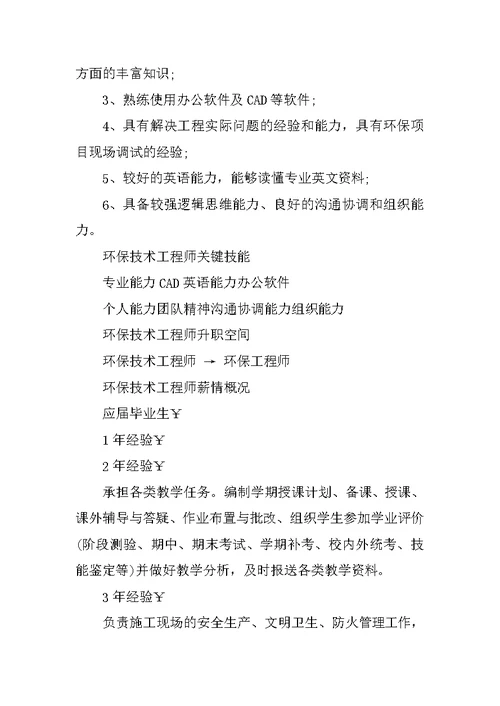 环保技术工程师岗位说明书