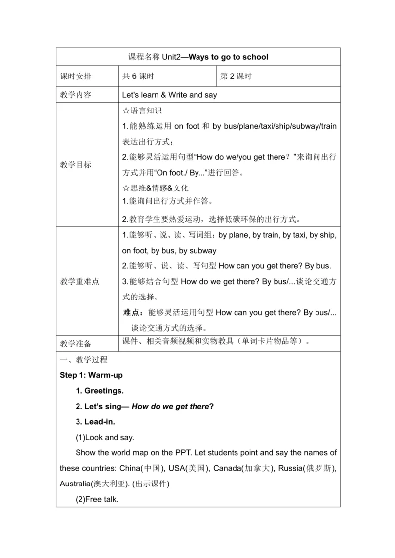 Unit 2 Ways to go to school Part A Let's learn & W