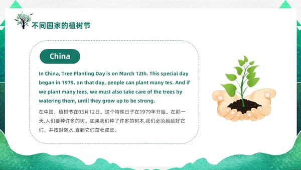绿色渐变鎏金剪影312植树节英文介绍课件PPT