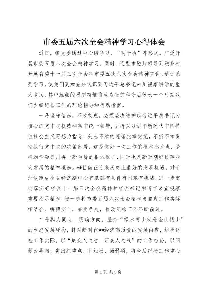 市委五届六次全会精神学习心得体会.docx