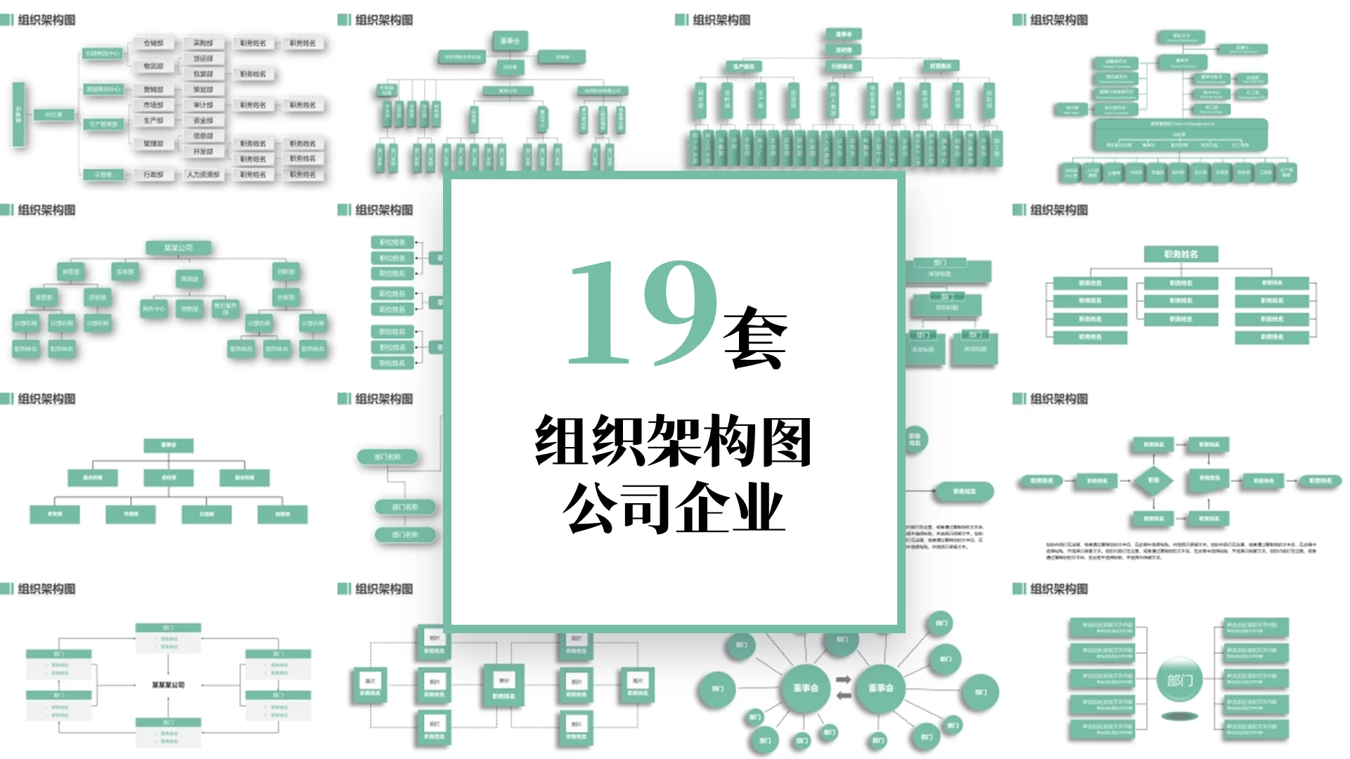 绿色简约风19套公司企业组织结构架构图PPT模板组织架构图表