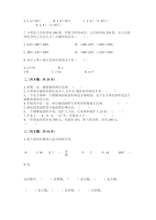 河南省平顶山市六年级下册数学期末测试卷及参考答案.docx